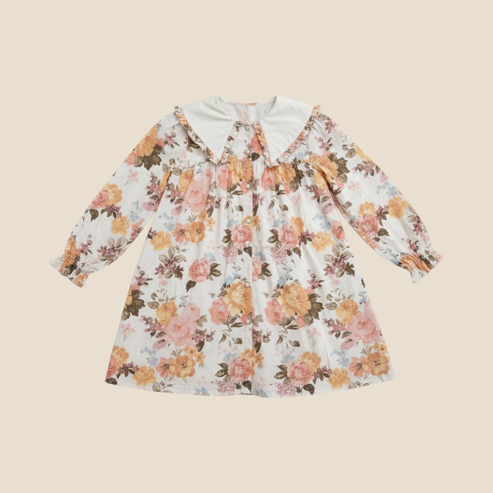 George Floral Peterpan Collar Buttondown Ruffle Long Sleeve Babydoll Dress Peach